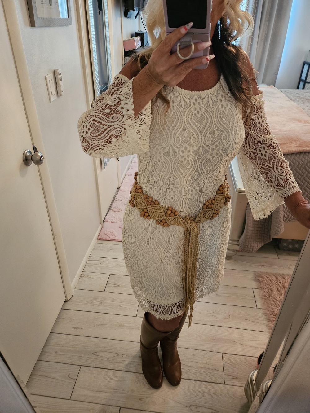 Boho White Lace Cold-Shoulder Mini Dress